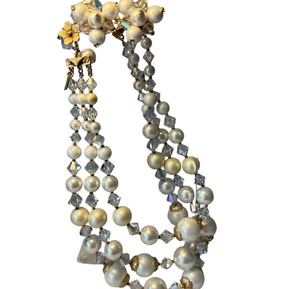 Vintage Vendome 3 Strand Faux Pearl AB Crystal Gold Filigree Necklace Earrings - Picture 3 of 15